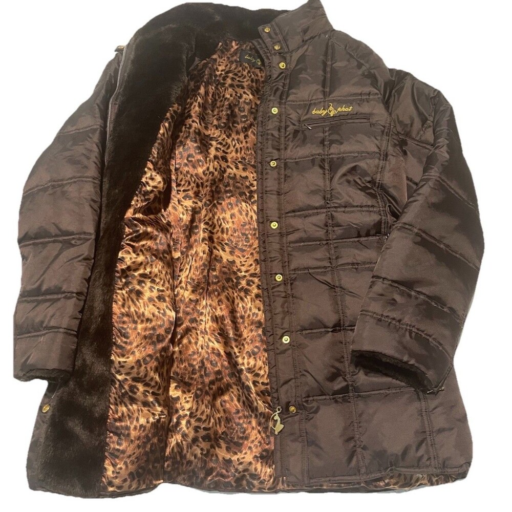 Baby Phat Parka Puffer Jacket Women’s XL Brown Embroidered Y2K Cheetah Lined